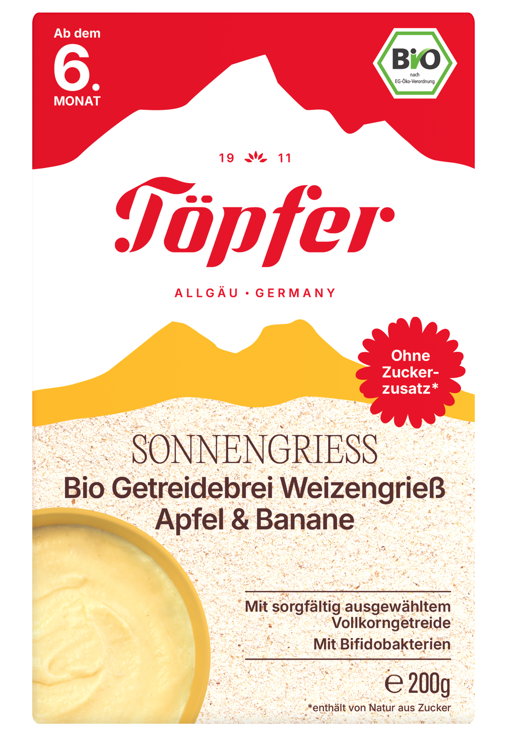 Sonnengrieß Töpfer Bio Getreidebrei Weizengrieß Apfel & Banane